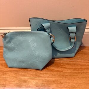 Blue Faux Leather Purse and Pouch Set